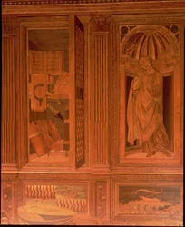 De studeerkamer van Federigo da Montefeltro, hertog van Urbino: intarsia-panelen die (L) een open kast met boeken en (R) Hoop in een architectonische nis met muziekinstrumenten op een plank eronder (hout)